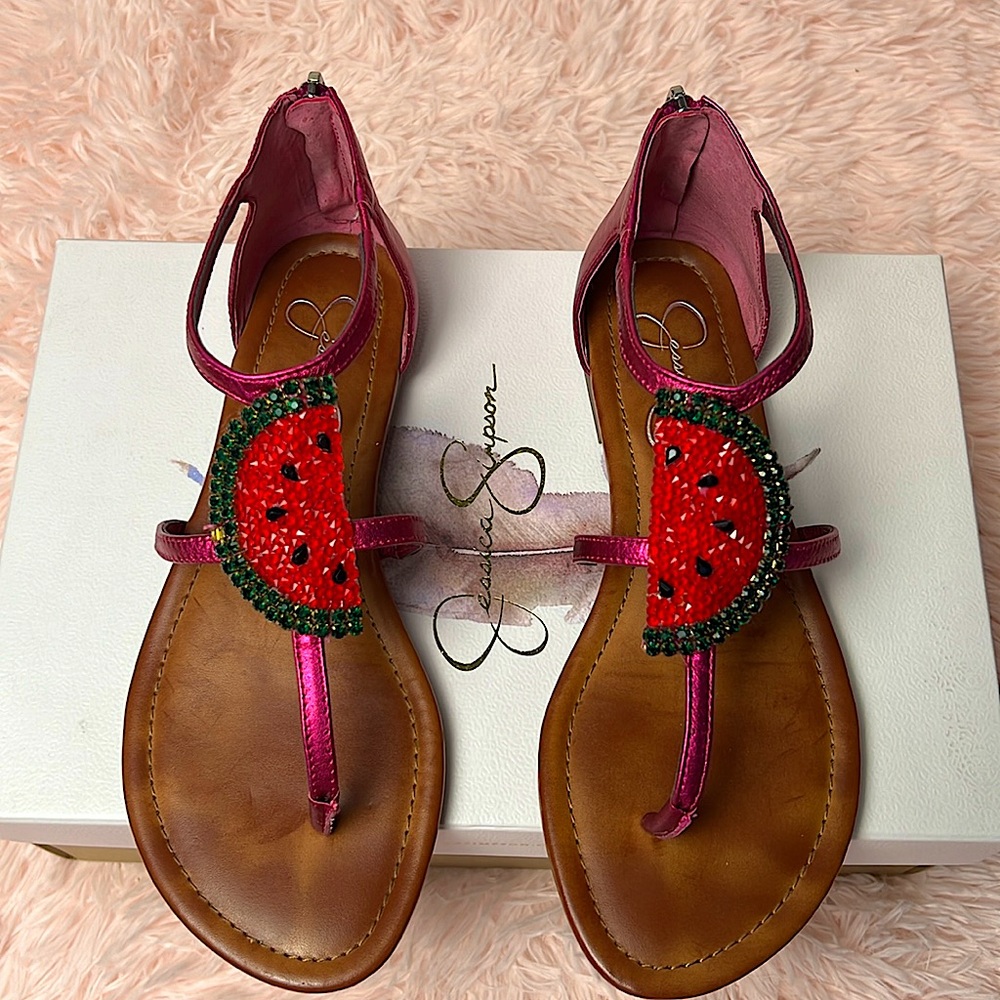 Jessica Simpson Magenta Pink Rhinestone Watermelon Flat Sandals Size 7M/37.5